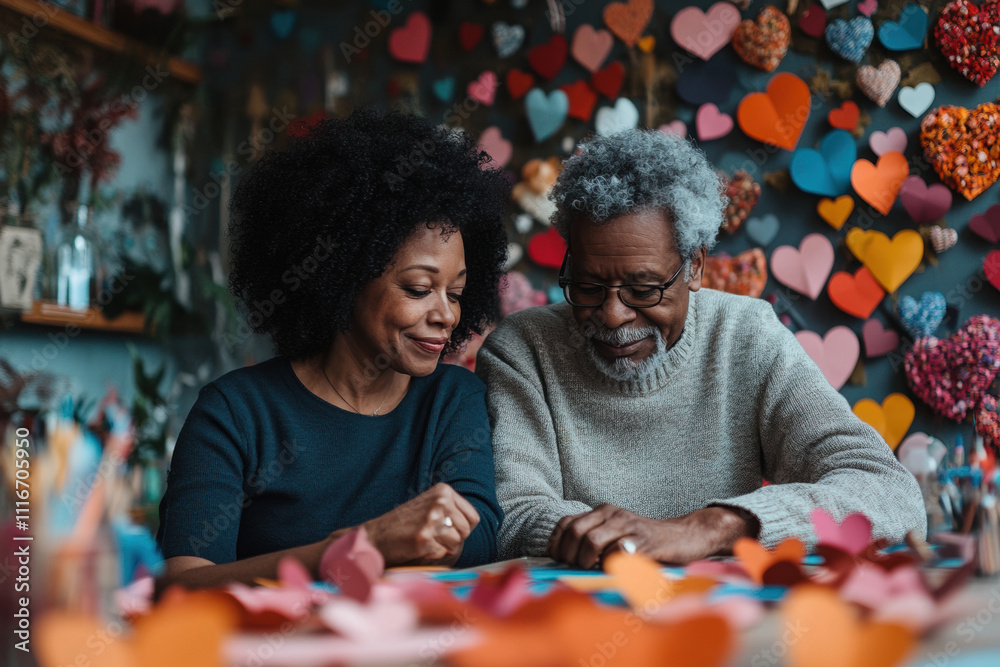Fototapeta premium Senior Black couple creating a DIY Valentine’s craft together with colorful paper hearts.