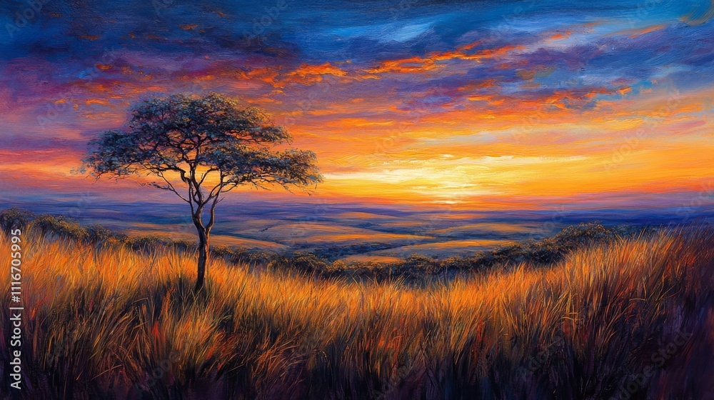 Fototapeta premium Lone Tree Silhouetted Against a Vibrant Sunset Over Rolling Hills