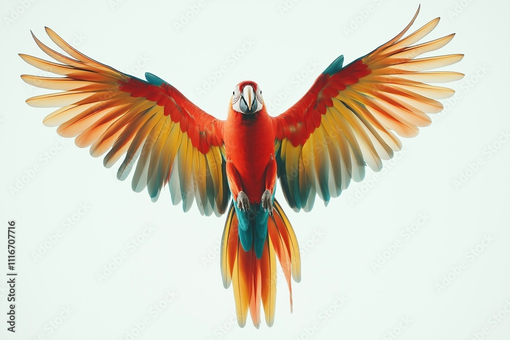Fototapeta premium Scarlet macaw parrot flying with open wings on white background
