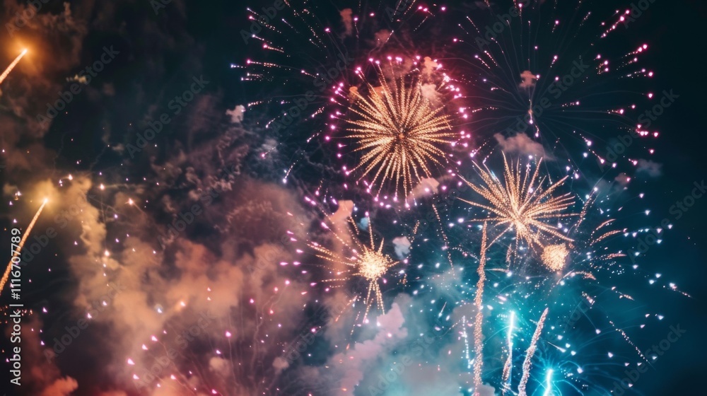 Fototapeta premium Fireworks night sky background illustration