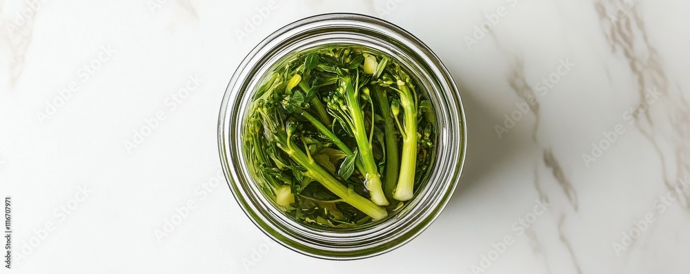 Obraz premium Fresh Broccolini Stalks in a Jar on a White Surface