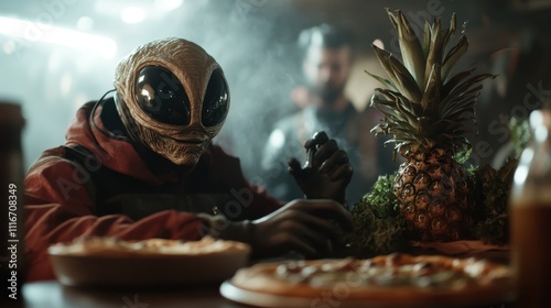 A peculiar alien figure clad in earthy attire is indulging in a pizza meal, surrounded by dim lighting and an atmospheric setting featuring pineapples. photo