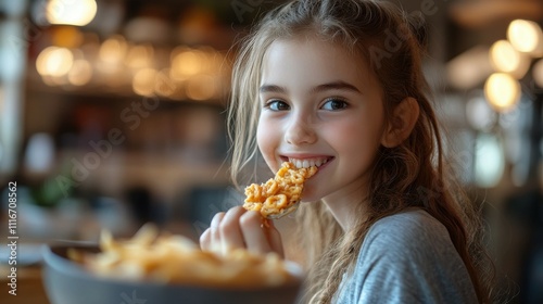 Girl eating food while sitting by table at home