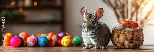 Cute chinchilla posing with toys and easter basket photo