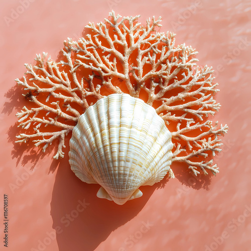 Coastal Vibes: A Seashell on a Coral Background Beach Theme photo