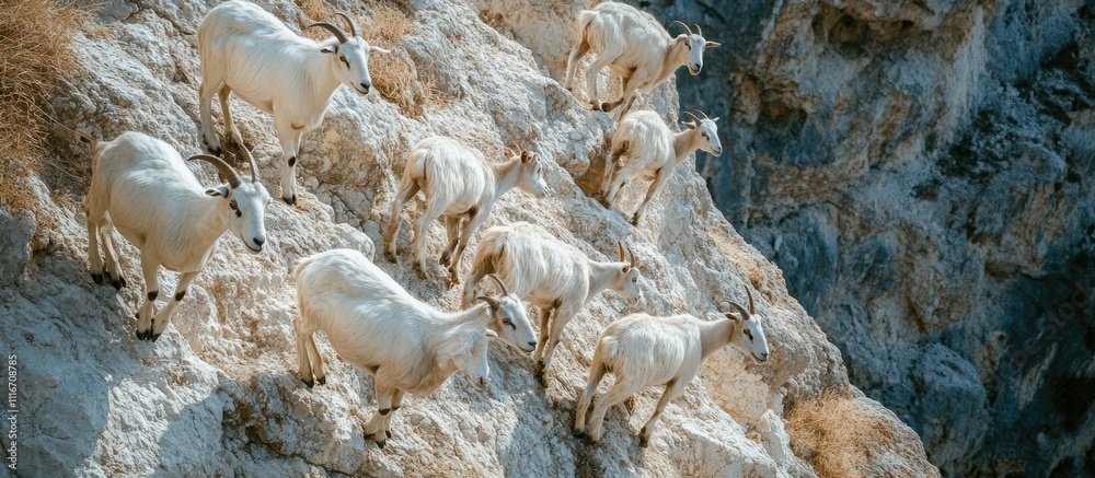 Herd of white goats climbing a steep, rocky cliff face. Herd of white goats climbing a steep, rocky cliff face.