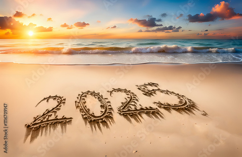 New year 2025 concept. Text 2025 written on sandy beach during sunset. New Year Start. Copy Space. photo