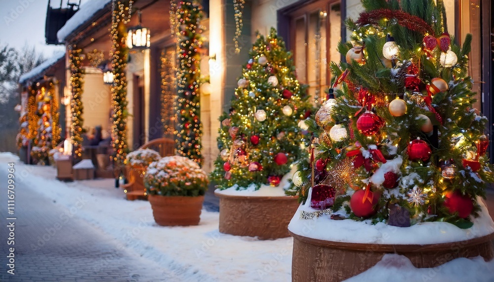 Fototapeta premium Home exteriors decorated with Christmas themes and ornaments; winter season decorations outside of the home; a very Christmas decoration on the outside of the house; xmas celebration and decorations