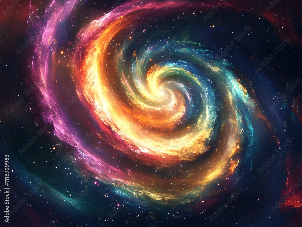Obraz premium Mesmerizing abstract image featuring swirling golden particles in a spiral formation, evoking cosmic energy and dynamic motion against a dark background