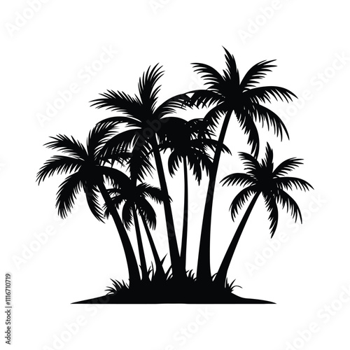 black vector silhouettes of various palm tree designs on a white background., Palm tree summer template vector illustration, Black vector palm tree silhouette icon isolated