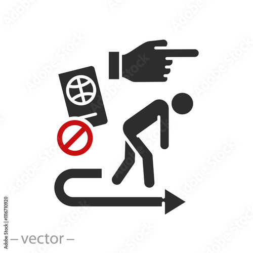 expulsion of a person from a country, deported man, deportation icon, population displacement forced, flat vector illustration