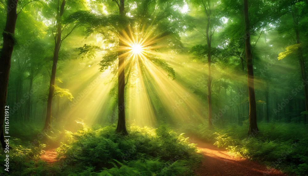 Obraz premium Sunlight Filters Through Trees in a Serene Forest Setting During Early Morning