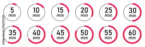 Minutes timer and clock vector icons set in red color isolated. Timer logo. Stopwatch signs. Minutes counting collection. 5, 10, 15, 20, 25, 30, 35, 40, 50, 60 minutes vector illustration.