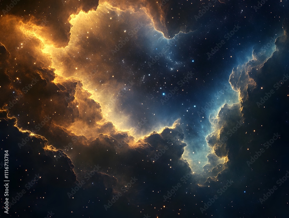 Fototapeta premium Mesmerizing abstract image featuring swirling golden particles in a spiral formation, evoking cosmic energy and dynamic motion against a dark background