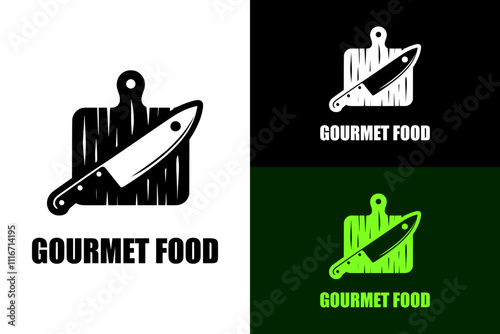 cutting board, knife, cuts, vegetable, meat, organic, gourmet deli logo, deli foods, gourmet products, natural, vector illustration