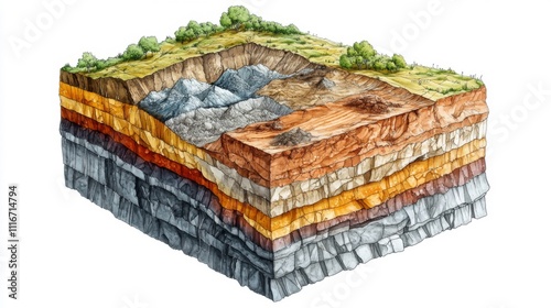 Cross-section of the Earth's Crust with Multiple Layers and Surface Vegetation