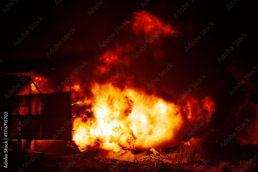 Fototapeta premium Exploding warehouse. Burning industrial building. Big blaze at night