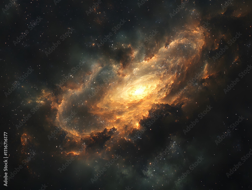 Fototapeta premium Mesmerizing abstract image featuring swirling golden particles in a spiral formation, evoking cosmic energy and dynamic motion against a dark background