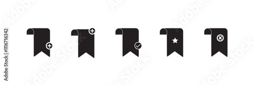 Add and remove bookmark icon set. Bookmark icon with plus and minus sign. Save and unsaved concept.
