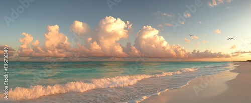 Serene Sunset Over Turquoise Ocean Beach