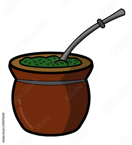 Traditional brown mate with yerba and bombilla. Vector illustration of a South American drink.