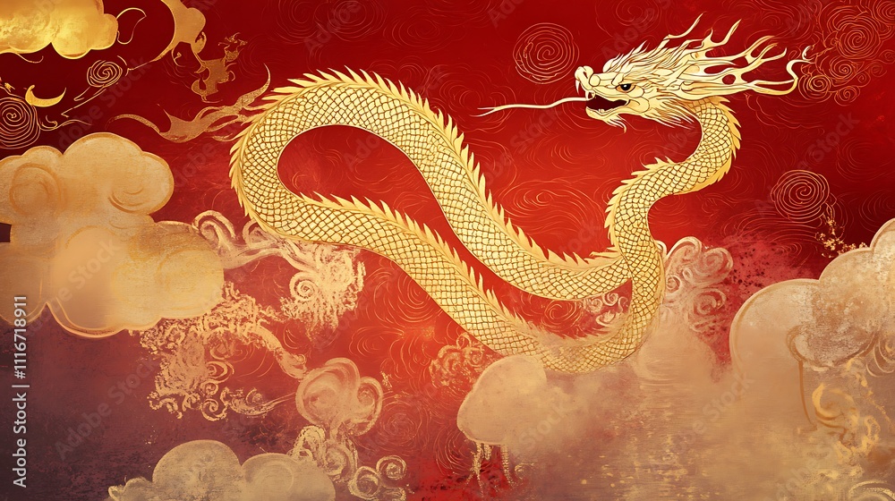 Fototapeta premium Golden dragon soaring amidst red clouds, intricate design.