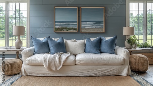 A beautifully designed living room interior features a comfortable white sofa adorned with blue cushions, exuding tranquility and elegance.