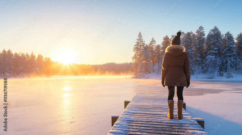 Fototapeta premium Winter Serenity at a Snow Covered Dock Overlooking a Frozen Lake