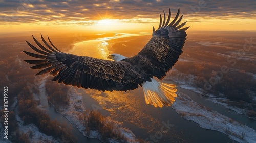 Majestic eagle soaring over river at sunrise