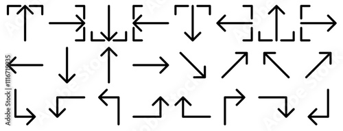 Wayfinding system direction arrow icon. Way finding entrance and exit outline navigation icon. Left, right, in, out, up and down information sign. Editable stroke
