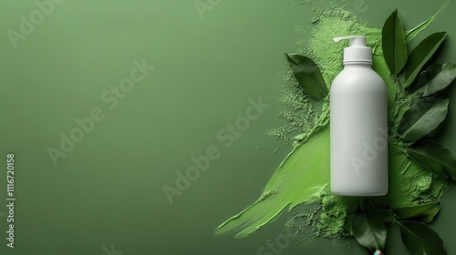 A white bottle surrounded by green leaves and a dynamic splash of green powder, evoking themes of freshness and natural beauty, against a textured background. photo