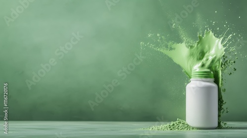 A white bottle is dramatically enveloped by a vibrant splash of green powder in motion, capturing dynamic energy and a modern twist on classic product design. photo