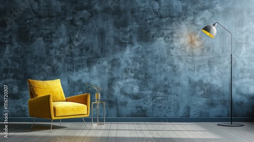 Elegant minimalist living room with matte blue wall, adorned with a stylish yellow armchair and a sleek metal floor lamp in a sophisticated city apartment