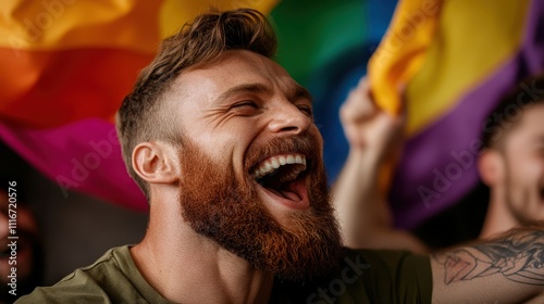 A bearded man emits lively laughter while a vibrant rainbow fabric waves behind him, conveying themes of joy, freedom, and celebration associated with LGBTQ+ pride events. photo