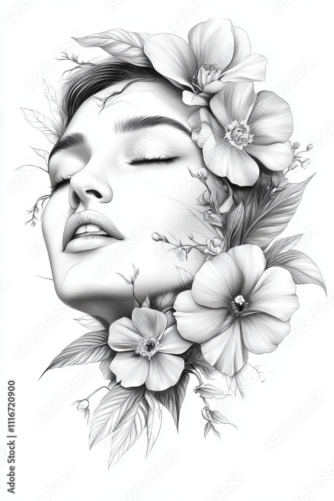 A serene young woman with closed eyes, adorned with delicate flowers and leaves in a monochrome illustration. A serene young woman with closed eyes, adorned with delicate flowers and leaves in a monochrome illustration.