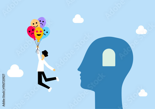 Mental captivity escape, man flying with balloon full of emotions
