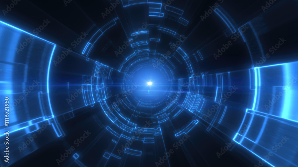 Blue digital tunnel with concentric lines and central light source, creating a sense of depth, movement, and futuristic design in a tech-inspired setting background Blue digital tunnel with concentric lines and central light source, creating a sense of depth, movement, and futuristic design in a tech-inspired setting background