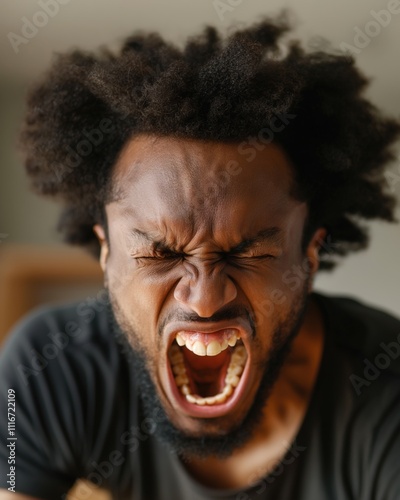 An African-American man is showcasing a visceral display of anger in a bright indoor environment photo