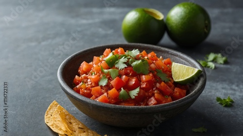 Vibrant salsa made with chopped tomatoes, onions, and jalapenos is garnished with cilantro and lime, accompanied by crispy tortilla chips on a dark wooden surface