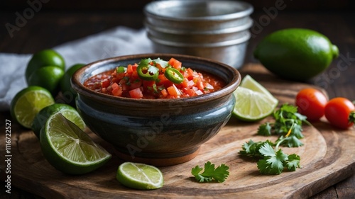Vibrant salsa made with chopped tomatoes, onions, and jalapenos is garnished with cilantro and lime, accompanied by crispy tortilla chips on a dark wooden surface