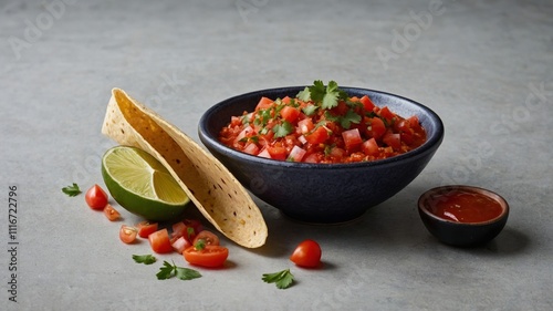 Vibrant salsa made with chopped tomatoes, onions, and jalapenos is garnished with cilantro and lime, accompanied by crispy tortilla chips on a dark wooden surface