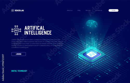 Artificial Intelligence blue background, vector banner, Isometric AI chip background. Deep Learning, Machine Learning, and Technological Digital Brain Ai Concepts, ai icon.