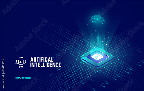 Artificial Intelligence, Isometric Vector Landing Page for AI, Deep Learning, Machine Learning, and Technological Digital Brain Concepts, Chip and circuit board blue background technology. CPU