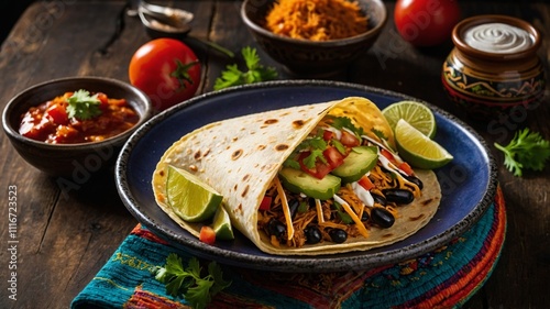 A flavorful taco filled with fresh vegetables and cheese is showcased on a blue plate, accompanied by side dishes of salsa, rice, and fresh limes, creating a festive dining experience
