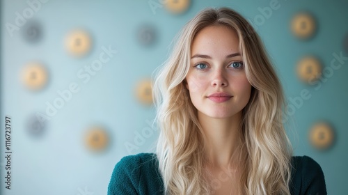 A poised woman in a teal outfit poses in front of a Bitcoin-themed backdrop, symbolizing the intersection of digital currency and societal metamorphosis. photo