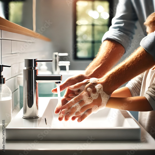 Parent and child washing their hands together with soap and water. emphasize thorough scrubbing of hands, especially, to prevent the spread of Hand, Foot, and Mouth Disease.