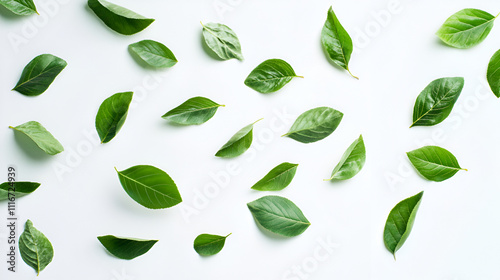 Flying fresh leaves on white background space for text