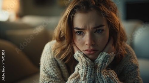 A Caucasian woman appears contemplative and sad while resting her chin on her hands in a cozy living room