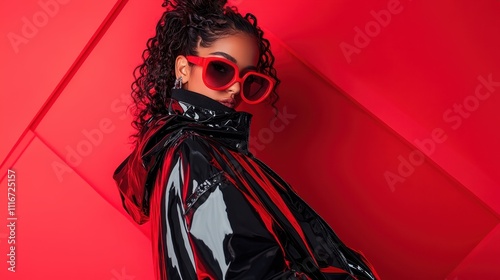 A stylish woman wearing a black vinyl jacket and bold red sunglasses poses against a matching red background, creating a futuristic and edgy fashion statement. photo