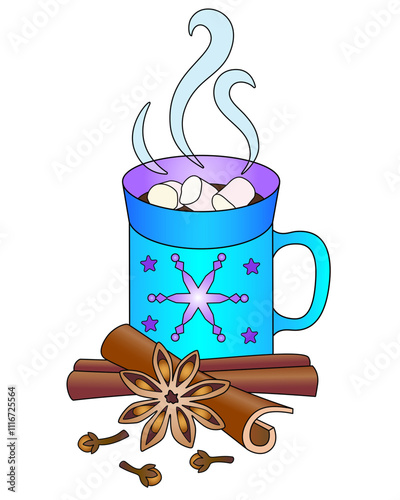 Cup of hot drink, marshmallows, star anise, cloves and cinnamon vector full color illustration. Mug with hot chocolate, snowflakes and stars. Coffee with steam spices and marshmallows	